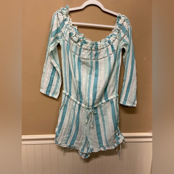 Roxy Off the Shoulder Anthem Romper Striped Long Sleeve Blue White Size Small - Picture 1 of 6